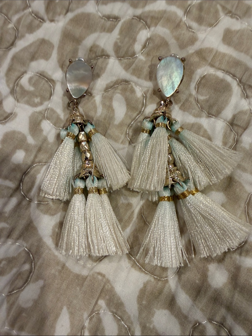 Beaded Ivory Tassel Drop Earrings - Ivory and Gold